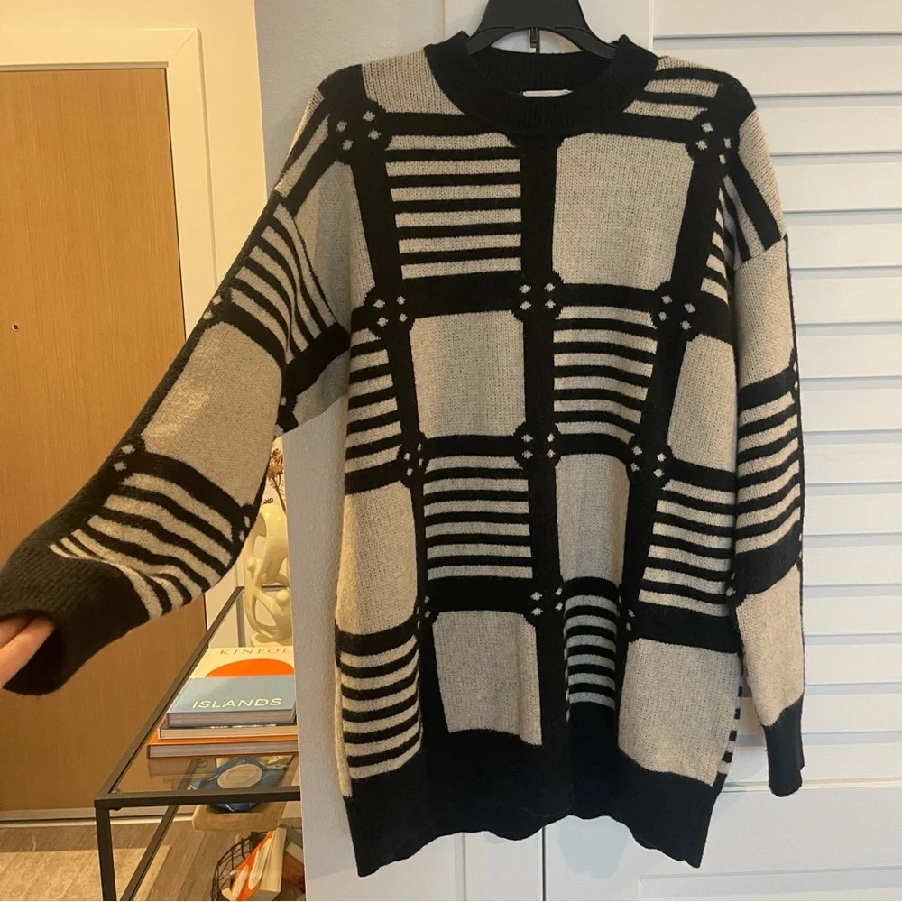 12th Tribe Black and Cream Geometric Crewneck Sweater